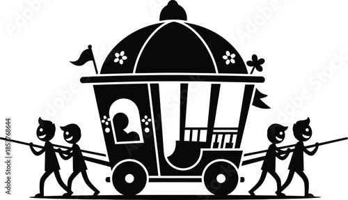 A black and white illustration of a chariot pulled by three figures