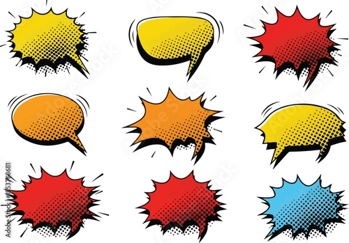 Comic Book Speech Bubbles Set Bursting with Words, Eye-Catching Designs, and Colorful Dialogue