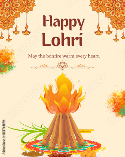 Celebrate the harvest season with this vibrant Lohri and Bhogi wishes template featuring traditional festive elements, warm colors, and cultural designs. Perfect for social media posts, greeting cards