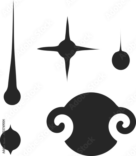 Vector illustration of a black and white abstract background design element featuring a cat silhouette and heart star icon set shape
