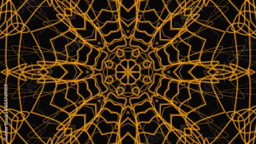 Abstract kaleidoscopic gold pattern on black background for luxurious designs, backgrounds, prints, digital art, or elegant branding materials.