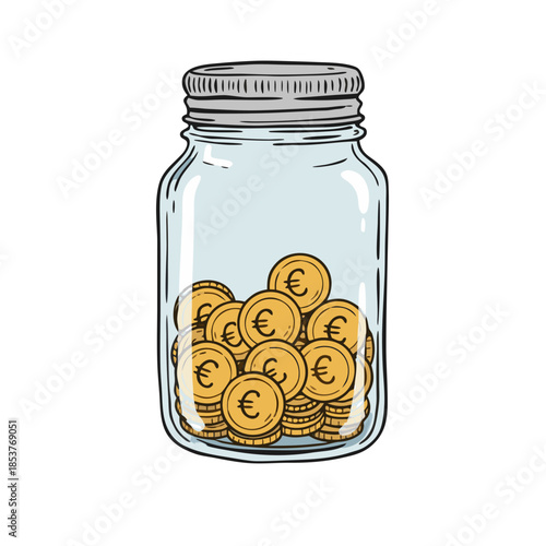Glass jar filled with euro coins representing rainy day savings, transparent background, vector