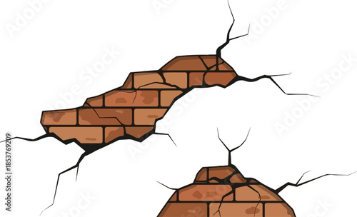 Detailed Illustration of a Cracked Brick Wall Showing Damage, Decay and Texture Against White