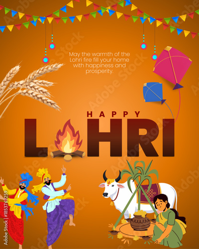 Lohri and Bhogi festival wishes design template featuring traditional Indian harvest celebration elements. Perfect for greeting cards, social media posts, banners, posters, 