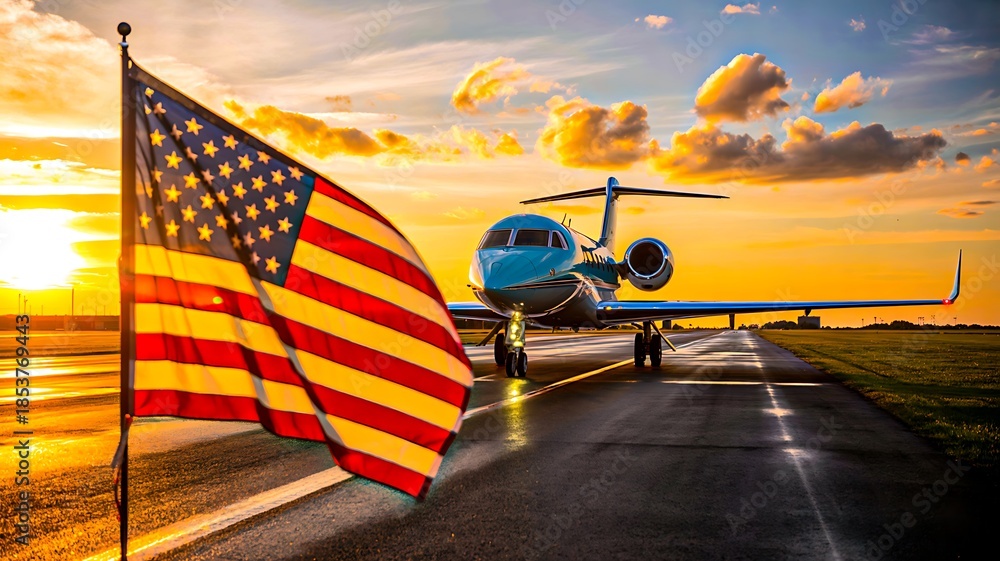 Fototapeta premium American flag near airplane on runway at sunset representing travel and aviation 