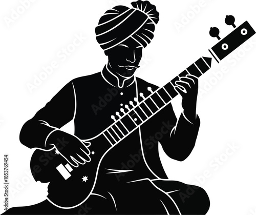 Silhouette of a traditional musician playing a sitar instrument