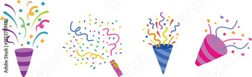 Party Popper icon set. Festive collection of party popper icons with various fill patterns and exploding elements like stars, dots, and streamers. happy New Year 2026 vector icons collection.