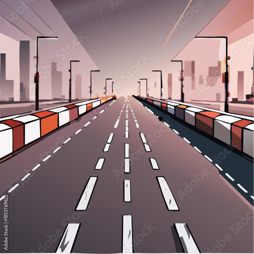 Urban Racing Track Perspective with Asphalt Road, Curbs and City Skyline Vector Illustration