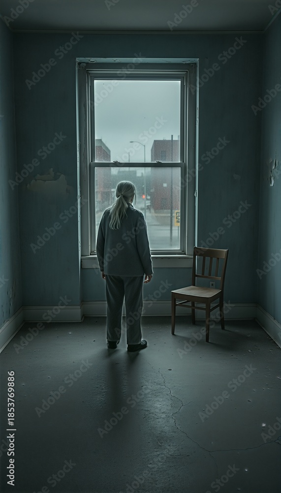 Obraz premium Lone woman stands looking out a window in a desolate, decaying room, contemplating the rainy city street outside with a sense of profound sadness.