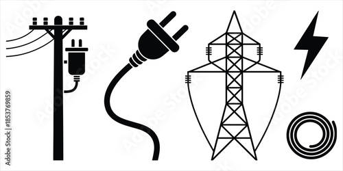 Black silhouette icons for electricity and power generation Keywords: electricity, power, energy, icon, symbol, lightning bolt