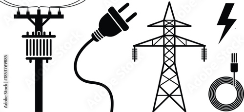 Black silhouette icons for electricity transmission and connection Keywords: electricity, power, energy, icon, symbol, lightning