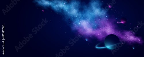 Abstract universe background with glowing stars and colorful planets in deep space. Futuristic outer space scene for astronomy or galaxy design. Vector illustration.