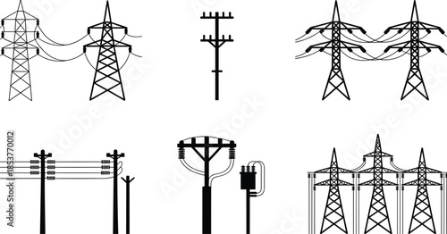 Collection of Black Silhouette Icons Representing Electrical Power Towers and Poles electricity transmission