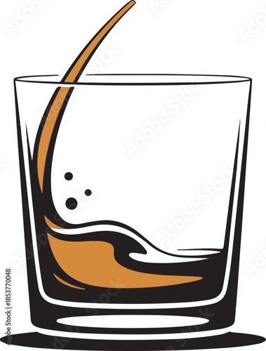 Hand drawn illustration of whiskey splashing into a rocks glass