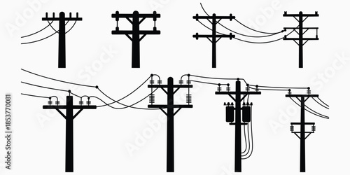 Collection of black silhouette utility poles with electrical wires and insulators power pole electricity