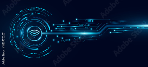 Hi-tech panel with wifi icon, glowing HUD circle and computer circuit board. Digital data background for UI and GUI design. Futuristic touch screen button for user interface. Vector illustration.