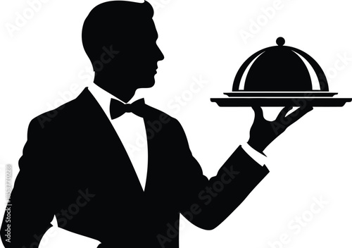 A silhouette of a waiter presenting a covered dish on a platter