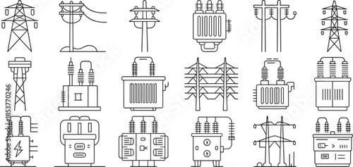 Collection of outline icons for electrical power transmission equipment and transformers Keywords: electricity, power