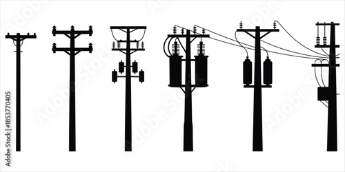 Collection Of Six Black Silhouette Icons Of Power Poles With Equipment electricity transmission