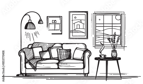 Doodles Living room graphic black white interior sketch illustration vector