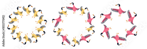 Cute goslings arranged in a round frame, playful and fluffy, soft pastel colors, hand drawing style, for greeting cards, nursery decor or children's designs, vector