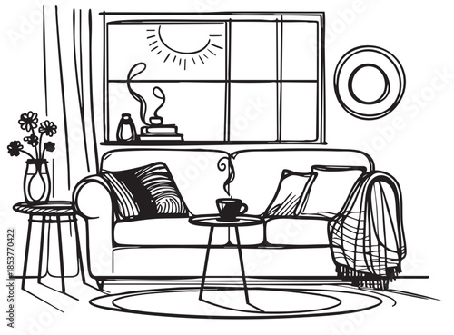 Doodles Living room graphic black white interior sketch illustration vector