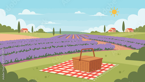 A serene picnic scene unfolds in a picturesque lavender field under a sunny sky with a wicker basket on a blanket