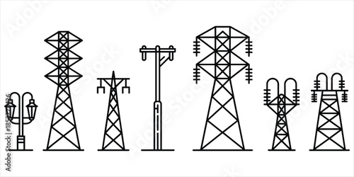 Collection Of Various Power Line Tower And Pole Icons In Outline Style electricity transmission