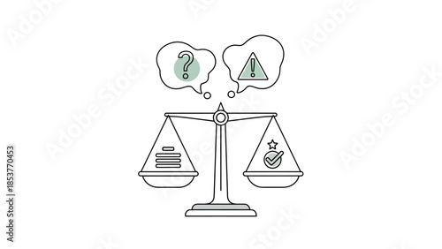 Balance scale with money and risk symbols representing decision making.