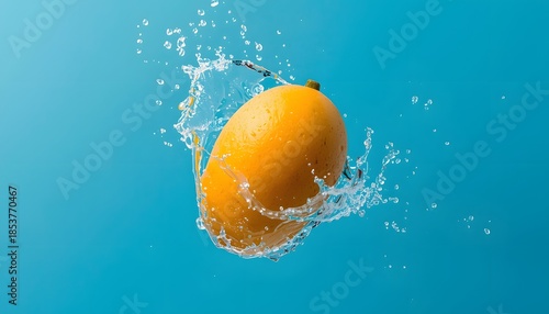 Floating Mango with Dynamic Water Splash on Blue Summer Background