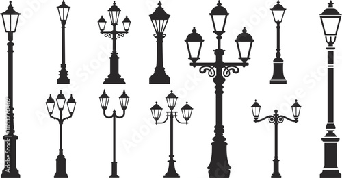 Collection of Vintage Street Lamp Silhouettes on White Background lamppost antique