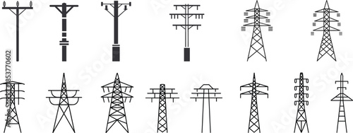 Electricity Pylon And Utility Pole Icons Set Keywords: electricity, power, pylon, transmission, energy, high voltage, electrical