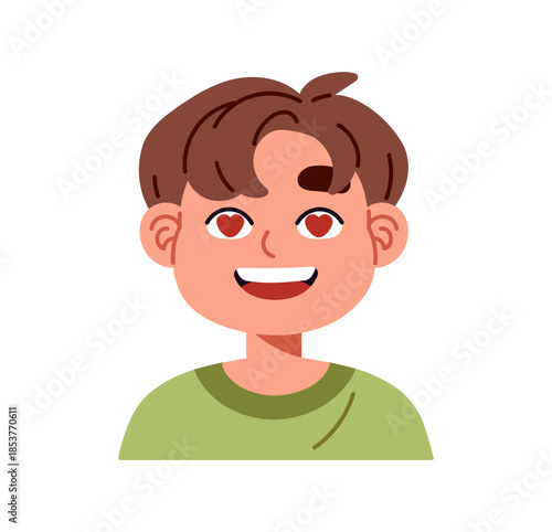 Falling in love little boy avatar. Portrait of happy kid with signs of red hearts in eyes. Cute child with emotion of admiration on face, romantic feelings. Flat isolated vector illustration on white