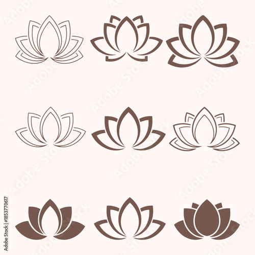 Vector illustration set of brown and white lotus flower icons in various styles and shades