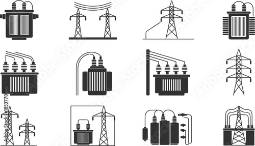Electrical Transformer And Power Line Tower Icons Set Keywords: electricity, power, transformer, substation, pylon, transmission