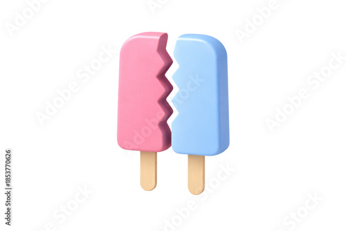 Minimalist 3D render of a split twin popsicle with pink and blue colors on wooden sticks isolated on Transparent background.