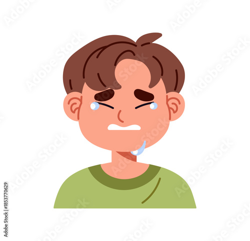 Portrait of sad sobbing little boy with emotion of sorrow on his face. Avatar of offended kid is crying of ache. Upset child with tears on eyes is weeping. Flat isolated vector illustration on white