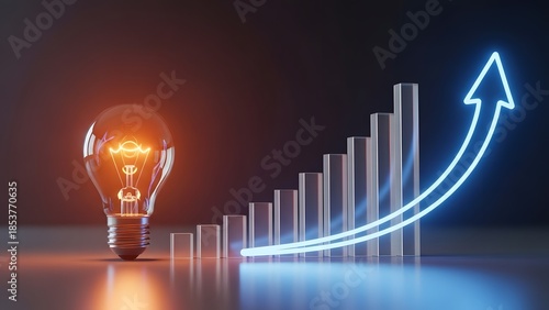 Glowing light bulb with a rising bar graph arrow. Success and profit concept. Bright electric lamp standing next to a growing chart representing financial idea development