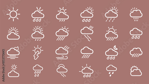 Vector illustration collection of various weather icons on mauve background for forecasting and climate symbols