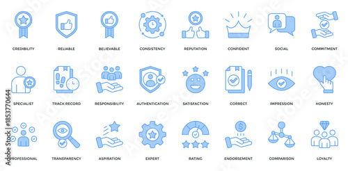 Credibility icon set. Containing  reliable, believable, consistency, reputation, track record, professional, loyalty icon. Lineal Blue style