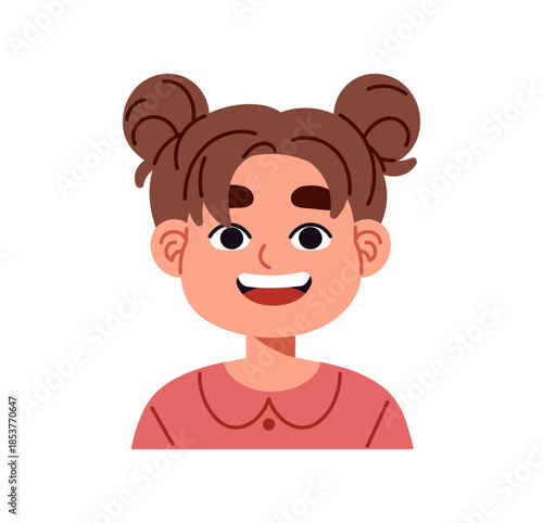 Happy little girl with open mouth by surprise. Avatar of cute staring kid with amazed facial expression. Portrait of child with astonished emotions on face. Flat isolated vector illustration on white