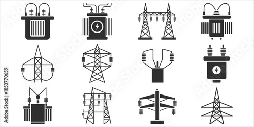 Electricity Transformer And Power Line Tower Icons Set Keywords: electricity, power, transformer, pylon, transmission, energy