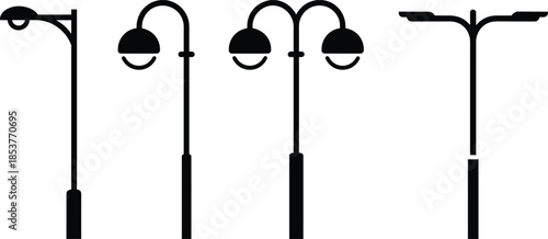 Four black silhouette street light poles with different lamp designs lamp post lighting