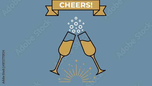 Vector illustration of champagne flutes toasting with celebratory splashes and sparkles in a festive atmosphere