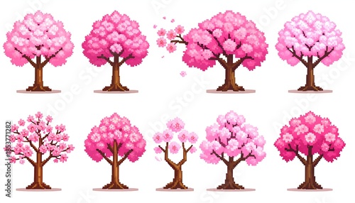 Pixelated artwork showing eight blossoming trees in various stages. Soft pink and white blossoms create a colorful display. Trees are depicted with brown trunks