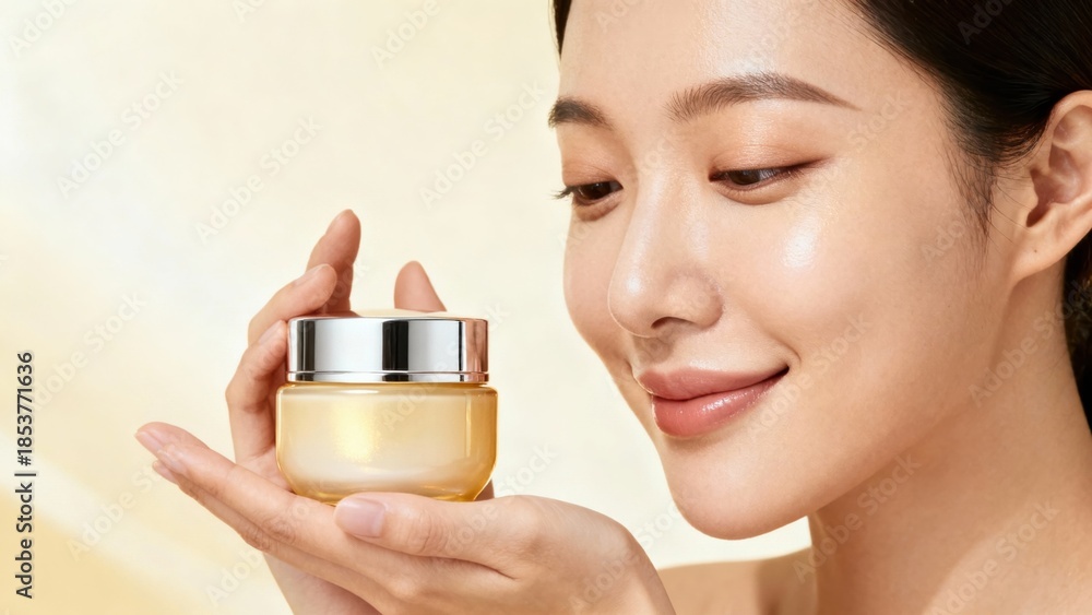 Fototapeta premium Smiling East Asian adult woman gently holds a glowing amber moisturizing cosmetic cream jar in soft light.