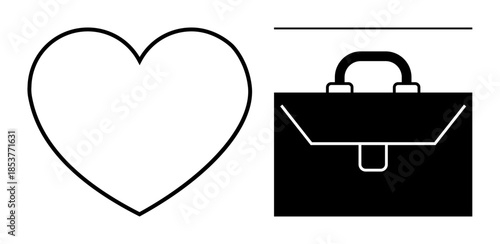 Work-life balance, career choices, professional goals, lifestyle, self-care, business relationships. A heart shape next to a briefcase. Work-life balance and career choices concepts