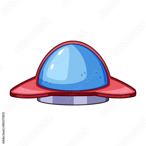 Red and blue flying saucer cartoon illustration depicting an extraterrestrial vehicle or ufo, symbolizing outer space exploration and science fiction themes for various projects and designs
