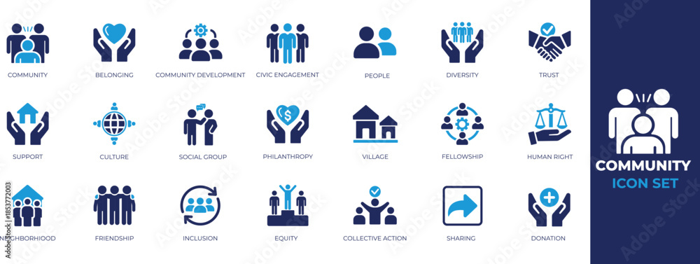 Fototapeta premium Community solid icon set with people, group, support, partnership, share, sharing, collaboration, social network symbols. clean vector icons for apps, web, branding.