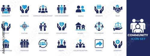 Community solid icon set with people, group, support, partnership, share, sharing, collaboration, social network symbols. clean vector icons for apps, web, branding.